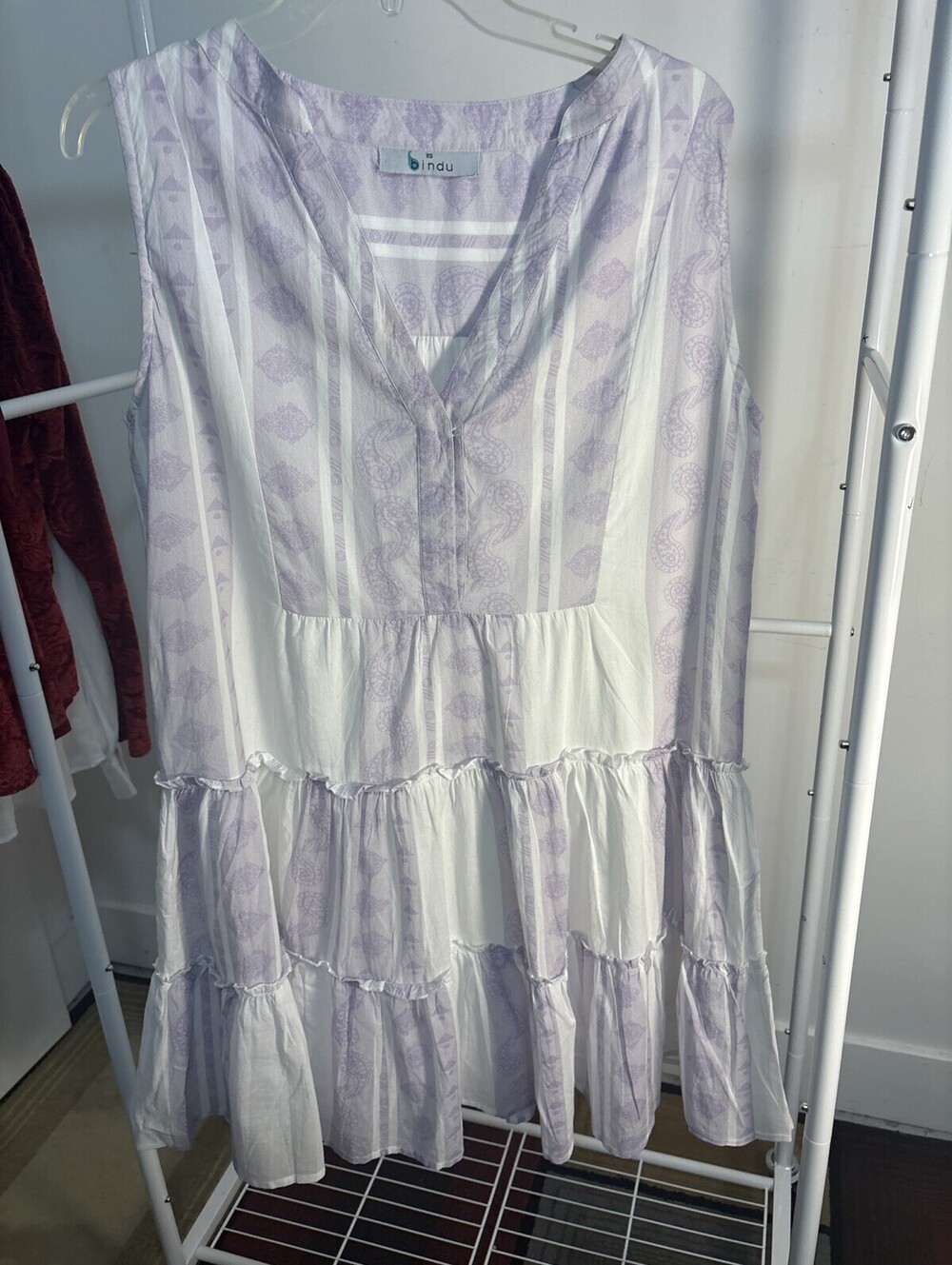 Bindu Boho Tiered V-Neck Tunic Dress Purple White Block Print Sleeveless XS NWOT